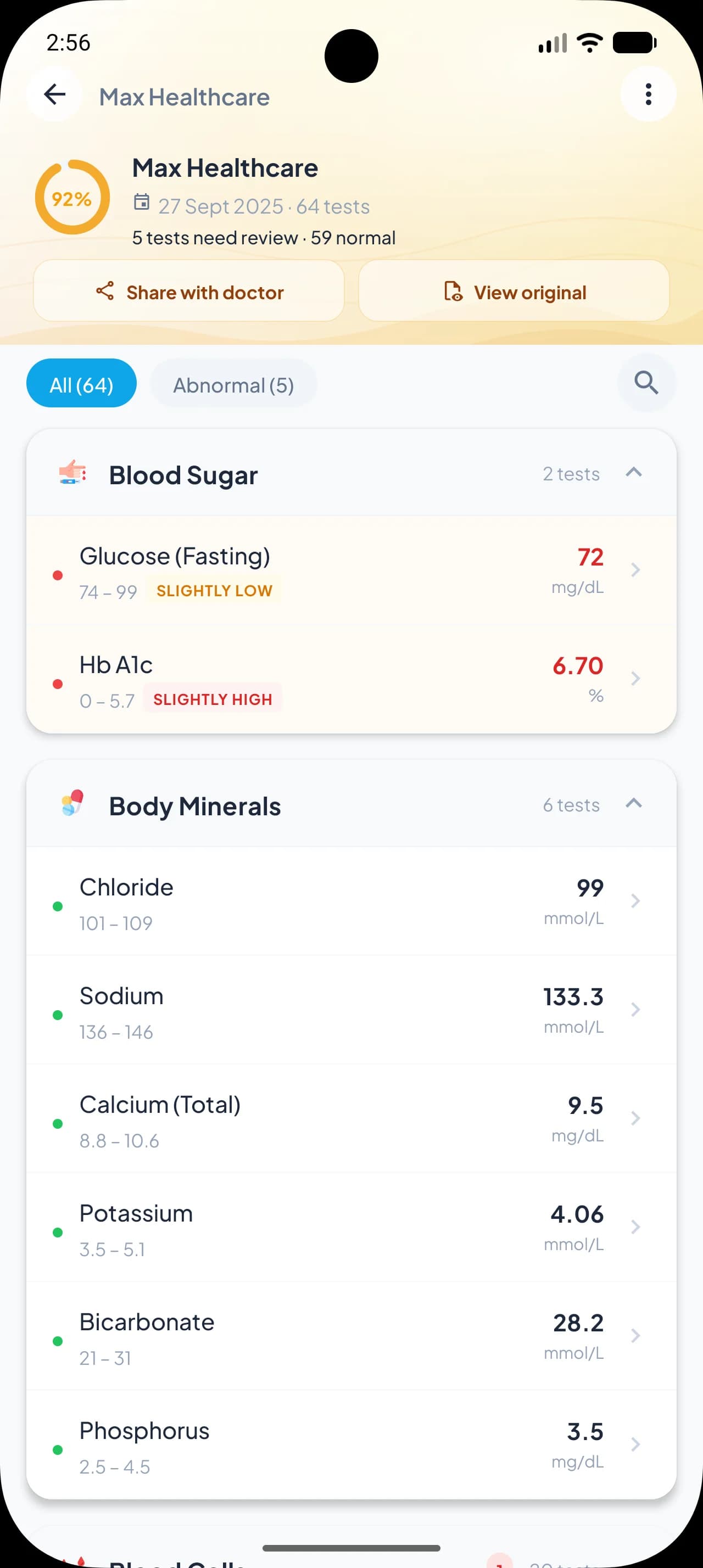Medfolio report screen showing extracted lab values grouped by category, with reference ranges and abnormal flags